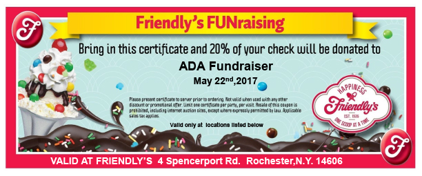 fundraiser voucher for friendly's for May 22nd. 20% of your meal will go to support CDR!