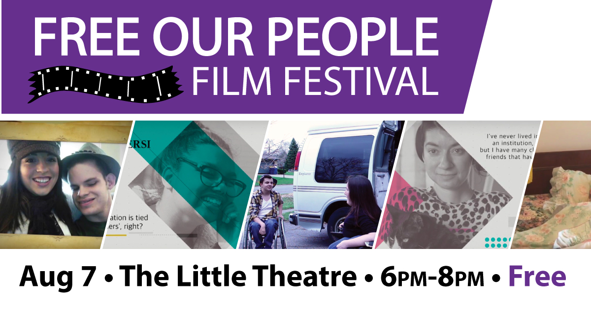 Purple bar with white text stating the name of the festival with black illustration of film strip. Center show cropped photos of movies. Bottom text in black states the date, time, free location of the event.