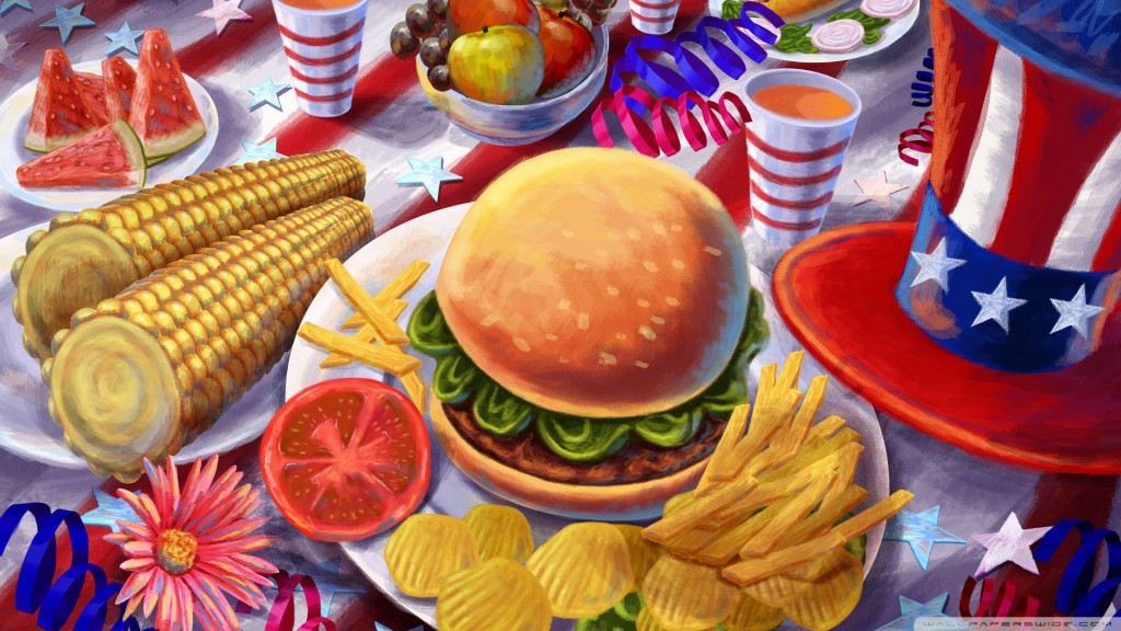 illustration of hamburger, chips, corn, vegetables, and red,blue,white hat, decoration.