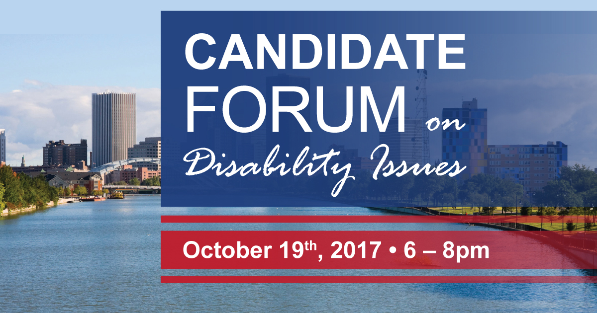 image of city of Rochester with blue box, "Candidate Forum on Disability Rights", and red box, "October 19th, 2017, 6pm-8pm."