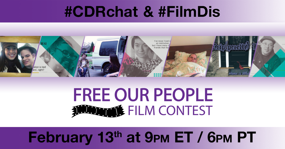Purple bars at top and bottom with black text, "#CDRchat & #FilmDis" and "February 13th at 9pm ET/ 6pm CT." Strip of images of films sweeps across center. Center is a logo of Free Our People Film Contest.