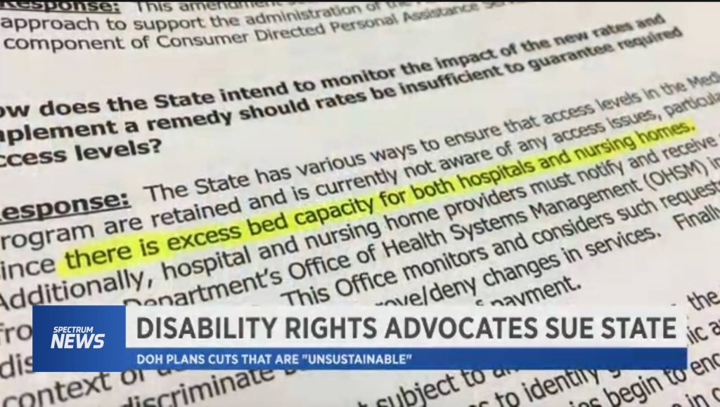 Image of a text document with highlighted text . The main text reads "Spectrum News. Disability Rights Advocate Sue State".  The highlighted text in the image reads “there is excess bed capacity for both hospitals and nursing homes”